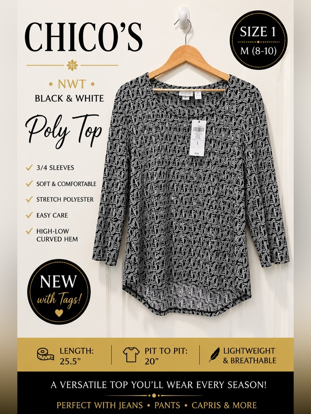 Chico's Black & White Patterned 3/4 Sleeve Tunic